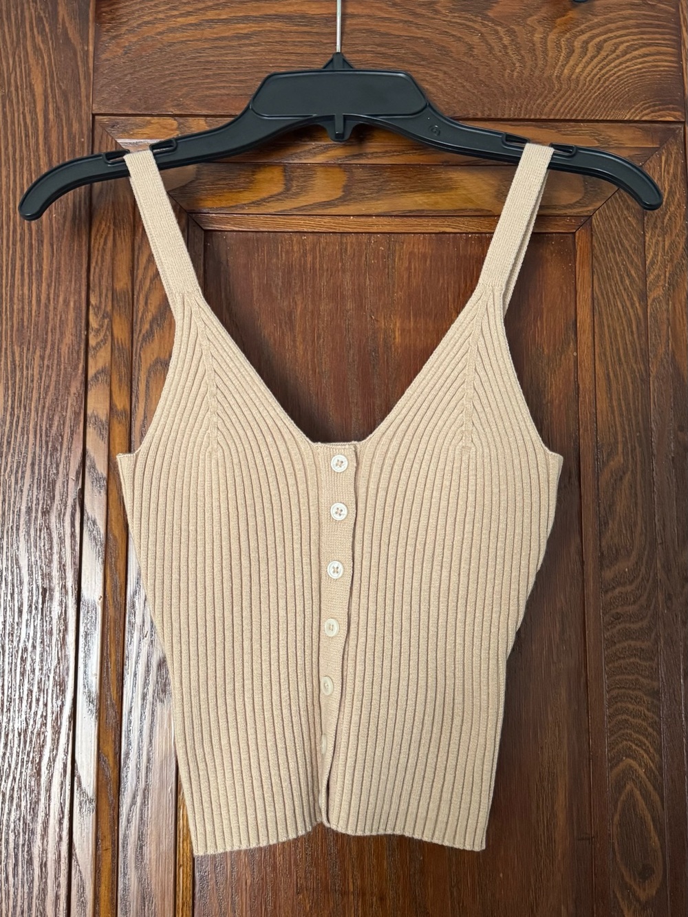 Ribbed Knit Button-Front Tank Top - Beige size S